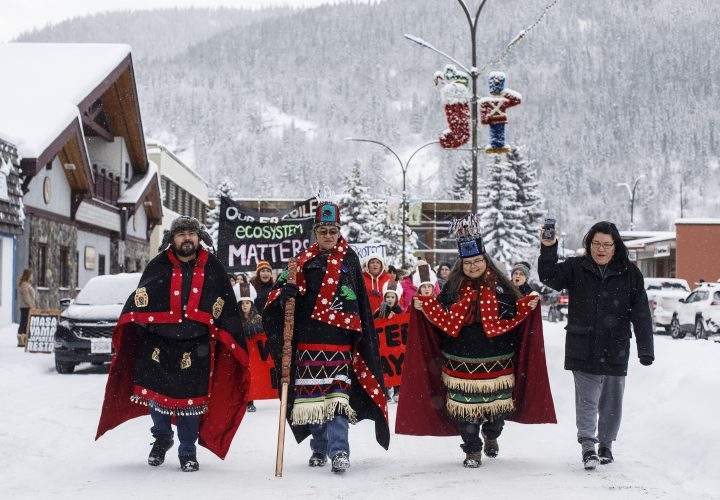 Wet'suwet'en Hereditary Chiefs from left, Rob Alfred, John Ridsdale, centre and Antoinette Austin, who oppose the Costal Gaslink pipeline take part in a rally in Smithers B.C., on Friday Jan. 10, 2020. 