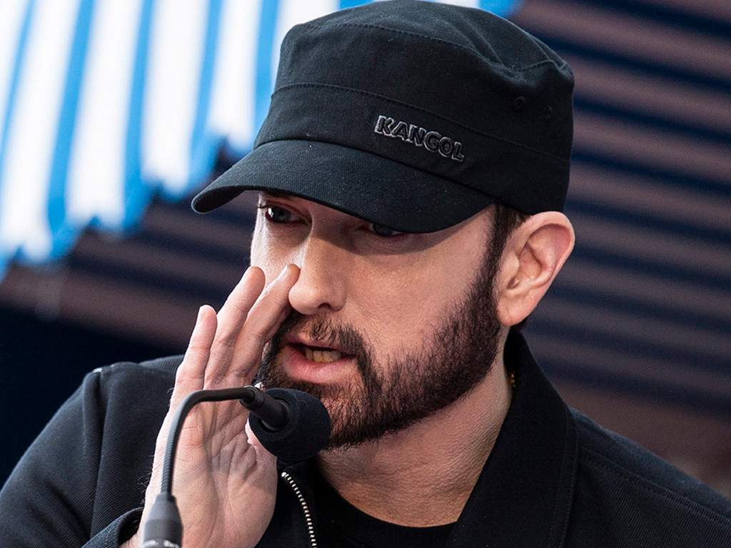 Eminem delivers a speech as 50 Cent Jackson is honoured with the 2,686th star on the Hollywood Walk of Fame in Hollywood, Calif., on Jan. 30, 2020.