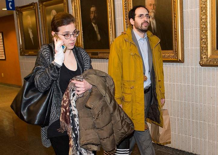 Clara Wasserstein, left, and Yochonon Lowen arrive at courthouse in Montreal, Monday, February 10, 2020. 