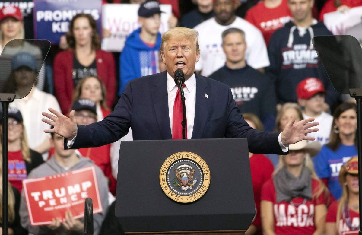 President Donald Trump speaks during a campaign rally, Monday, Feb. 10, 2020, in Manchester, N.H. (AP Photo/Mary Altaffer)