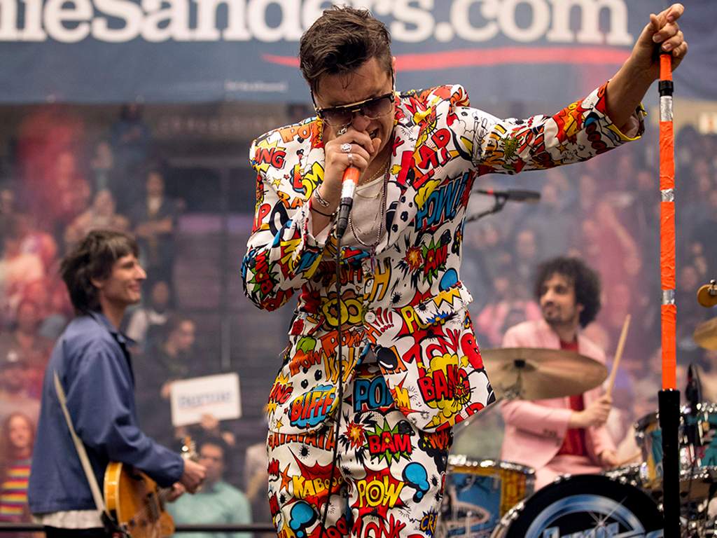 (L-R) Nick Valensi, Julian Casablancas and Fabrizio Moretti of The Strokes perform after Democratic presidential candidate Sen. Bernie Sanders, I-Vt., speaks at a campaign stop at the Whittemore Center Arena at the University of New Hampshire on Monday, Feb. 10, 2020 in Durham, N.H.