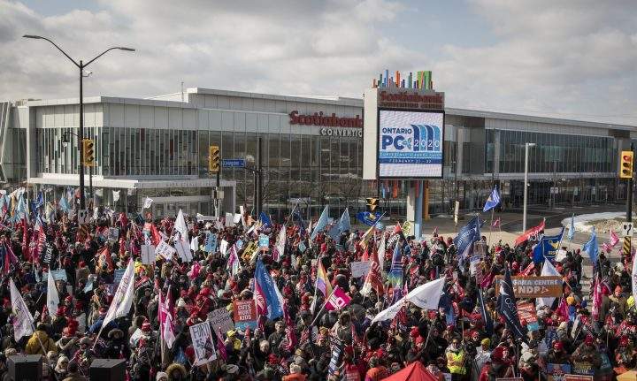 Members of the Ontario Federation of Labour protest outside the Scotiabank Convention Centre during the Ontario Progressive Conservative party 2020 policy convention in Niagara Falls on Saturday, February 22, 2020.