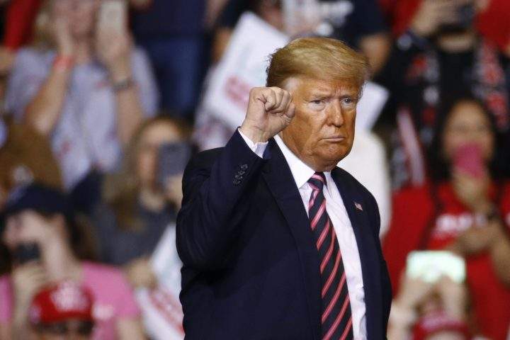 In this Feb. 21, 2020 file photo, U.S. President Donald Trump speaks during a campaign rally in Las Vegas. 