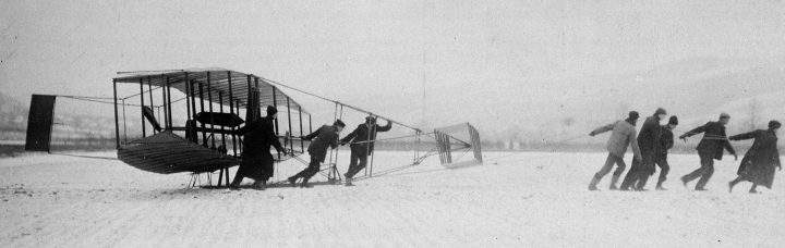 The Silver Dart is towed over the ice on Baddeck Bay, N.S. On a frozen lake in Cape Breton, Canadian aviation first took flight 111 years ago.