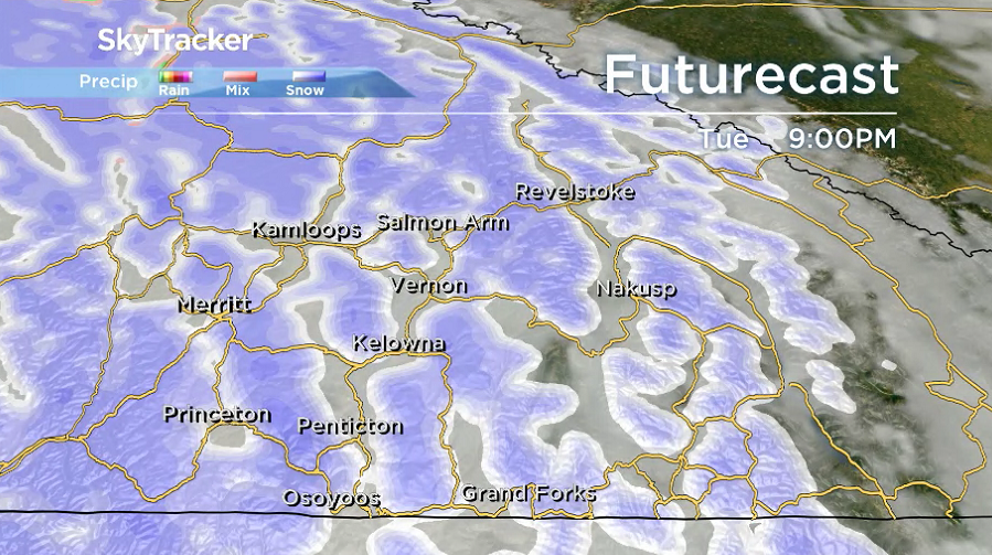 A swath of snow swings into the Okanagan on Tuesday.