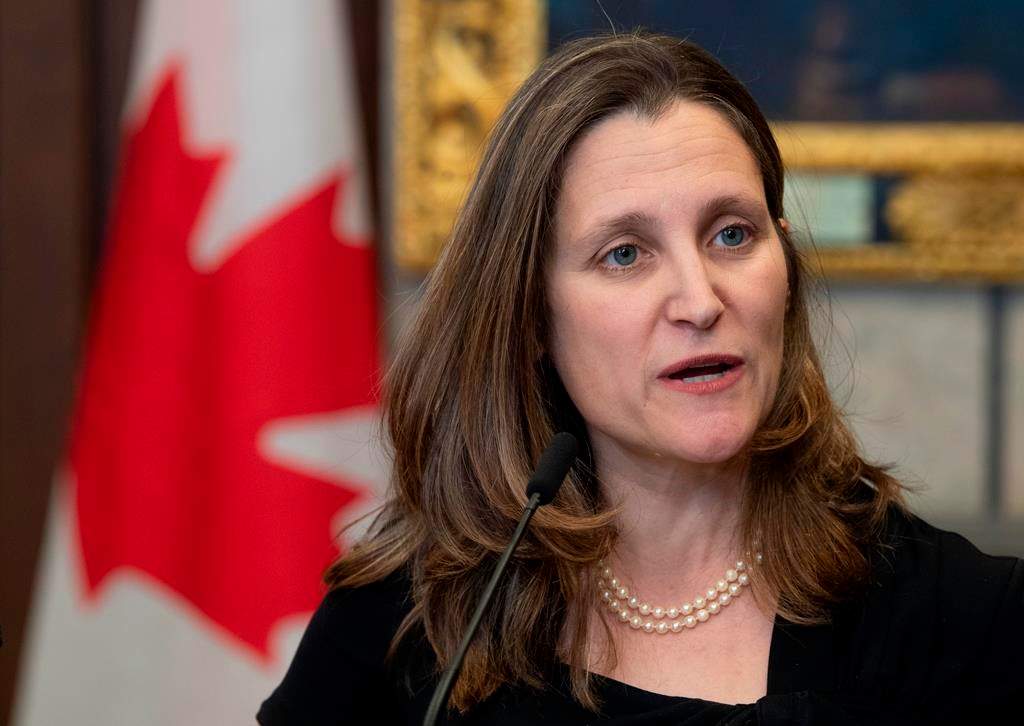 Deputy Prime Minister and Minister of Intergovernmental Affairs Chrystia Freeland speaks with the media before Question Period on Parliament Hill in Ottawa, Tuesday Feb. 18, 2020. 