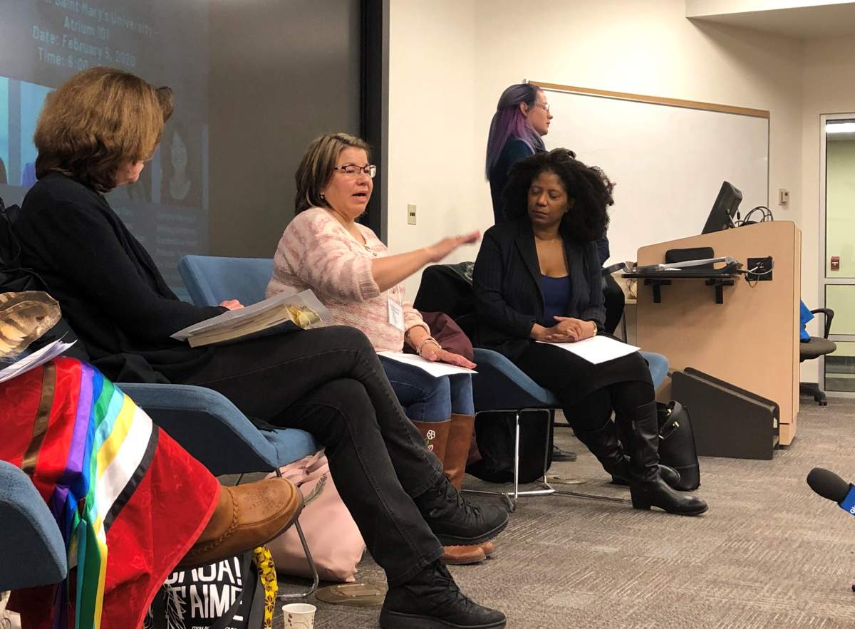 Pictou Landing First Nation Chief Andrea Paul (centre) speaks about environmental racism during a sustainability week panel at Saint Mary’s University in Halifax on Feb. 5, 2019.