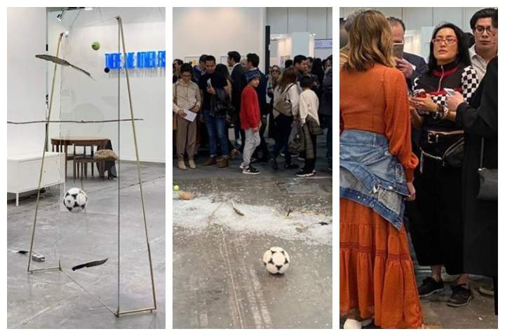 Artist Gabriel Rico's work is shown before, left, and after it was destroyed, centre, by critic Avelina Lesper, right.