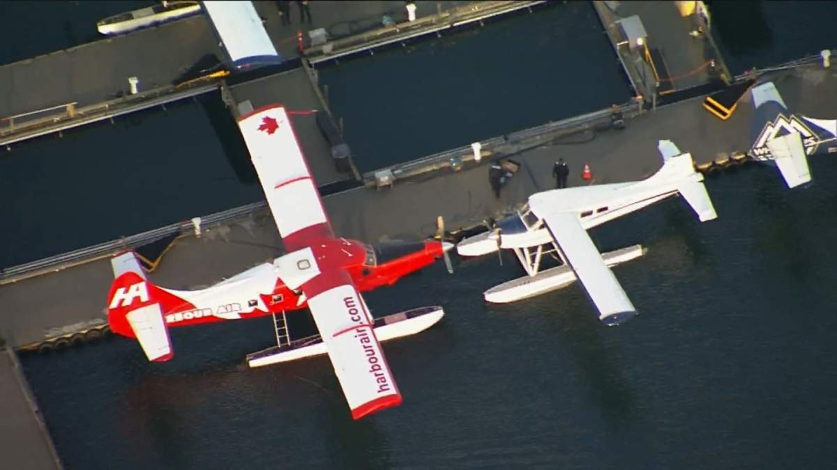 A Seair seaplane with the wing completely sheared off seen in Coal Harbour on Friday.