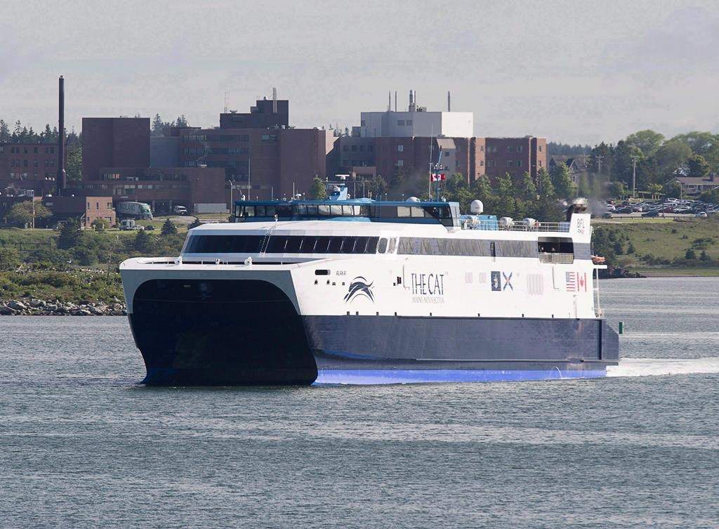 The CAT, a high-speed passenger ferry, departs Yarmouth, N.S., heading to Portland, Maine on its first scheduled trip on Wednesday, June 15, 2016.