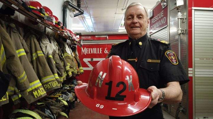 Norm Konechny with the helmet first issued to him in October 1969.