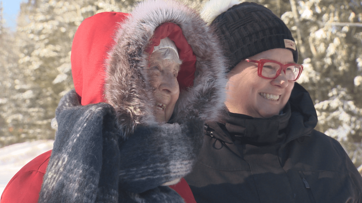 Elizabeth Baillie, 81, (left) and her daughter Cathy, prior to going on a dog sledding trek