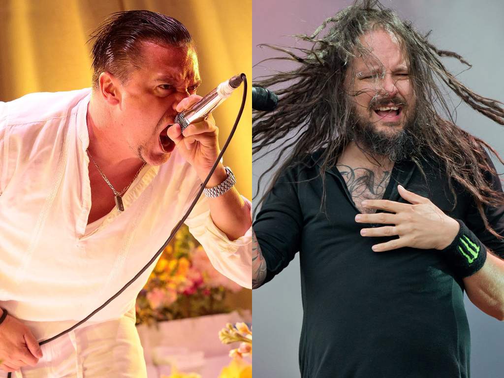 (L-R) Mike Patton of Faith No More and Jonathan Davis of Korn performing live on stage.