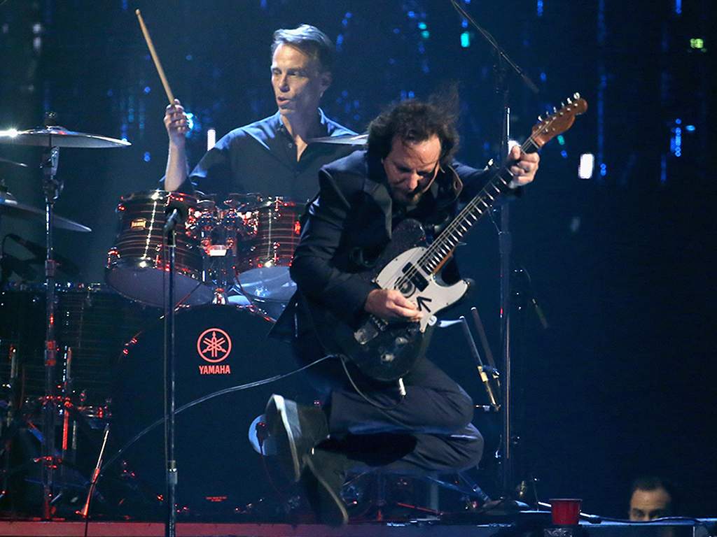 (R) Eddie Vedder of Pearl Jam and Matt Cameron perform onstage at the 32nd Annual Rock & Roll Hall of Fame Induction Ceremony at Barclays Center on April 7, 2017 in New York City.