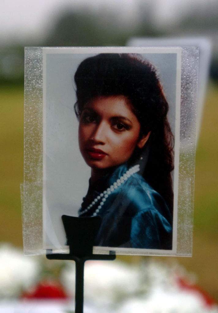 A photo of Indira Kalsi placed by her family at the memorial in Ireland in 2005. (Photo by Haydn West/PA Images via Getty Images)