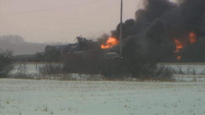 Flames and thick smoke from the scene of a CP train derailment near Guernsey, Sask., on Thursday, Feb. 6, 2020.
