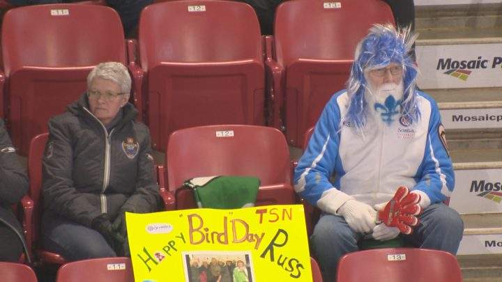 Madsen and Judy sit two rows up from ice level at Mosaic Place during draw 13 at the Scotties Tournament of Hearts.