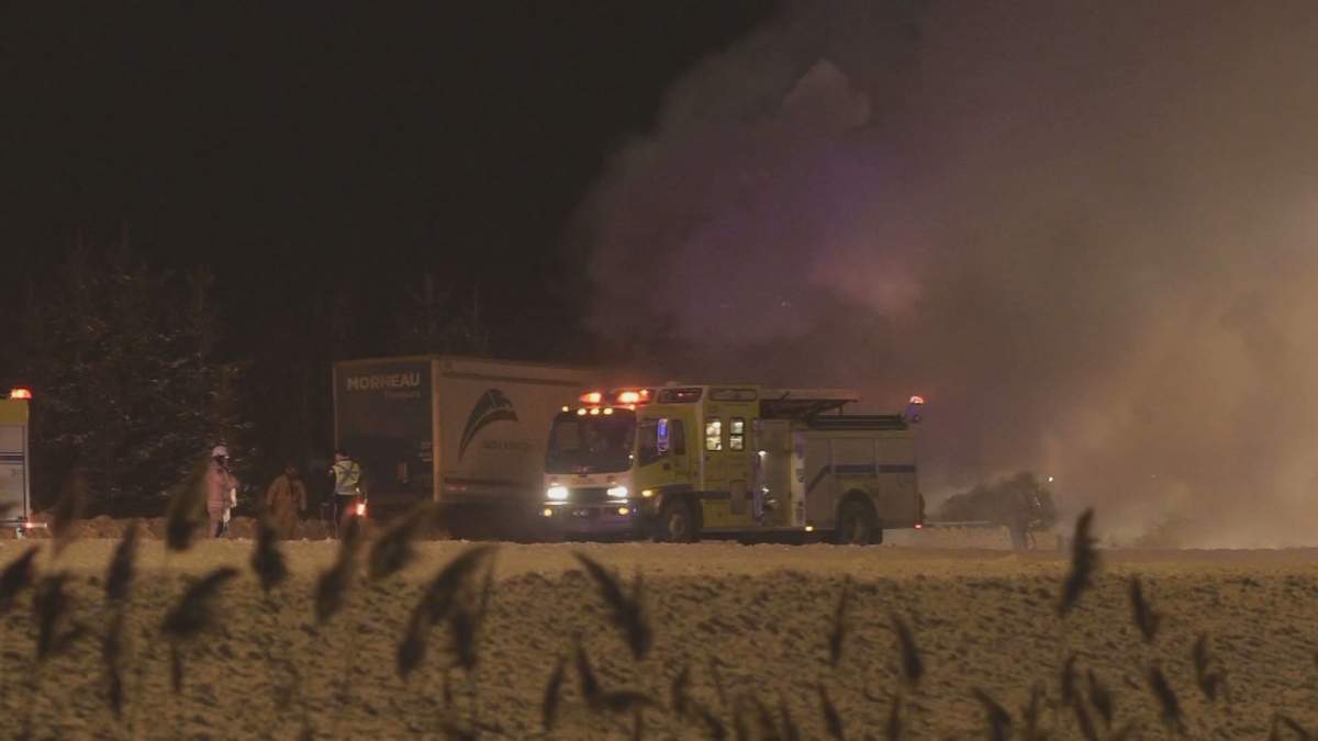 A truck that caught fire on Highway 15 heading south in the Laurentians forced two of the highway's four southbound lanes to close during the morning rush hour on Feb. 12, 2020.