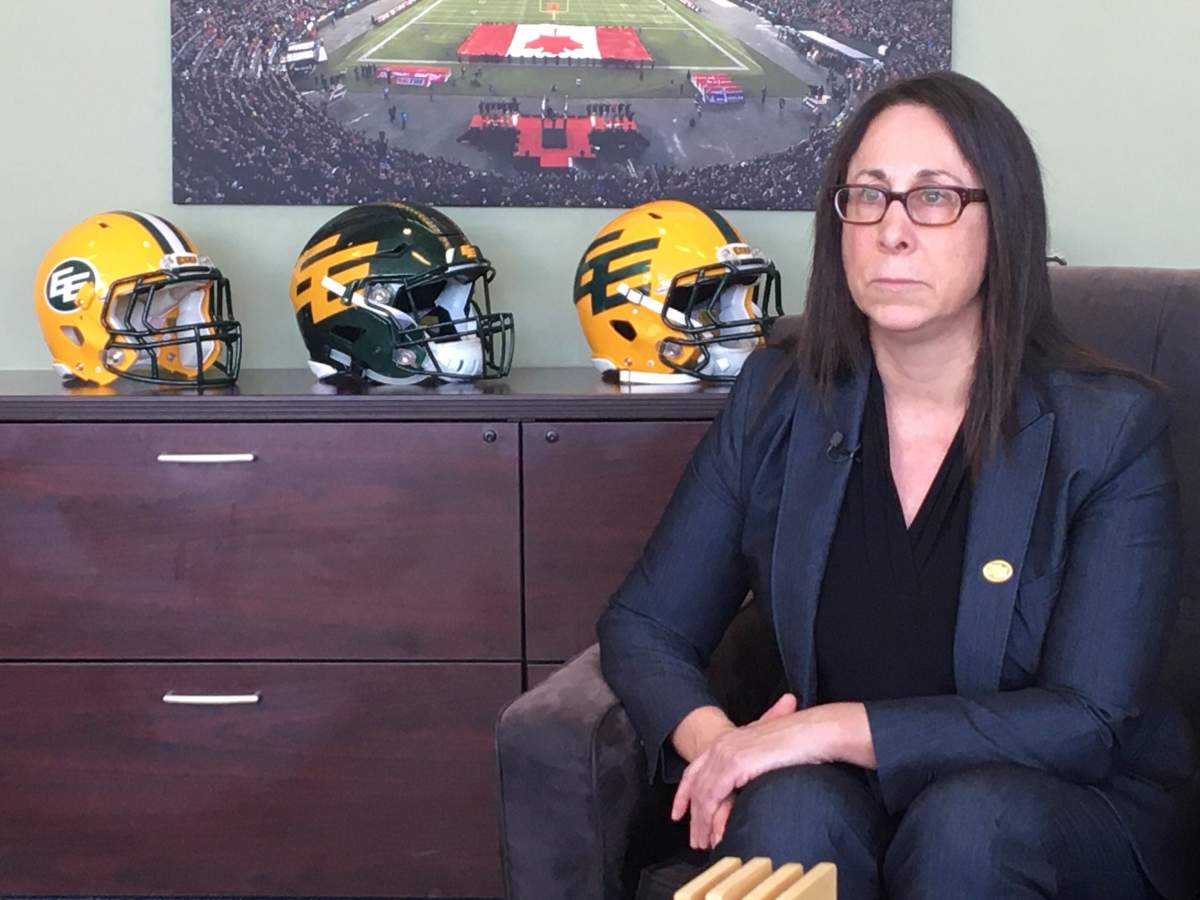 Janice Agrios, the chair of the Edmonton Eskimos board of directors, speaks with Global News on Feb. 14, 2020.