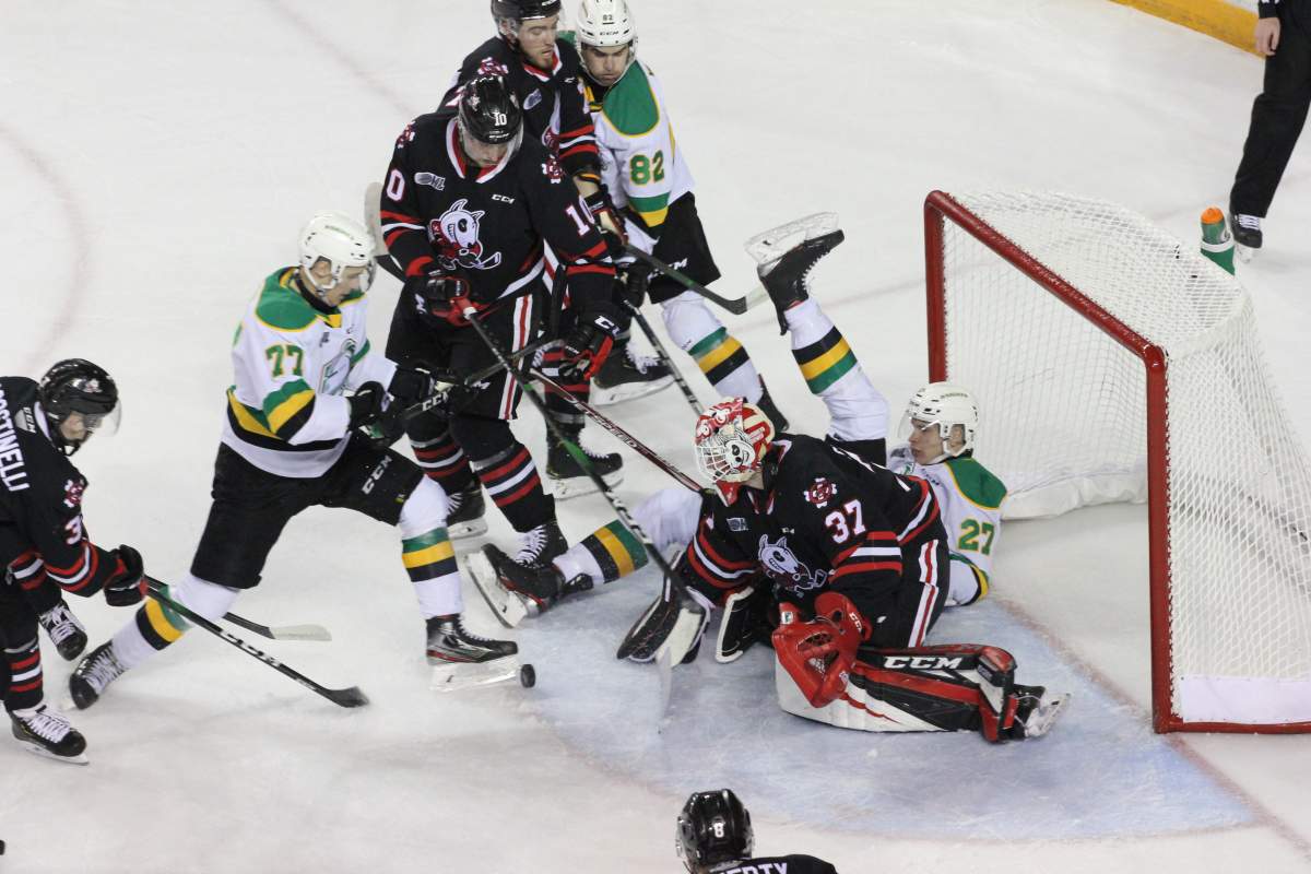 St. Catharines, Ont. – Kirill Steklov (27) of the London Knights winds up on the Niagara goal line as the Knights and IceDogs play a game on February 4, 2020.