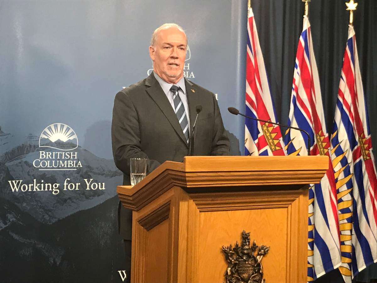 Premier John Horgan speaking to reporters on Wednesday, February 12, 2020.
