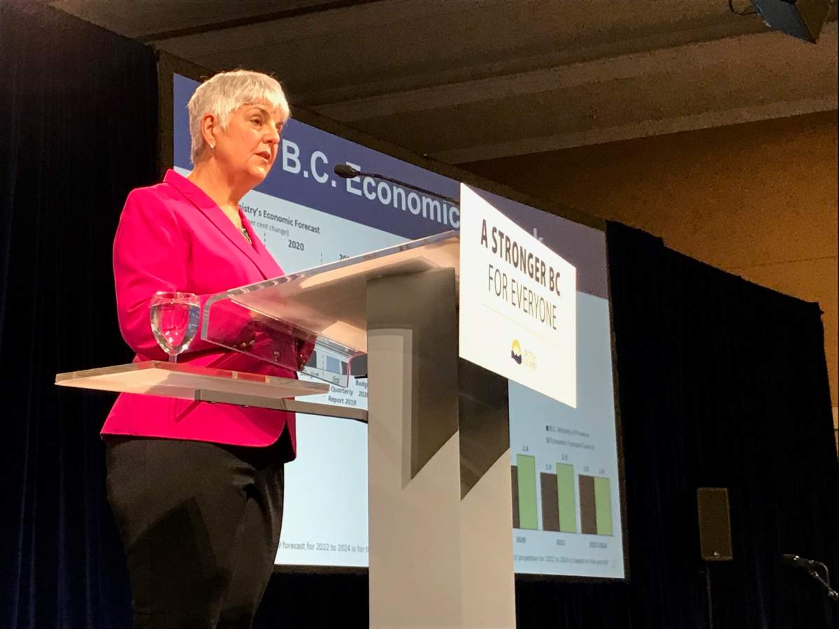 Finance Minister Carole James speaks to reporters and stakeholders before introducing the 2020 provincial budget. 