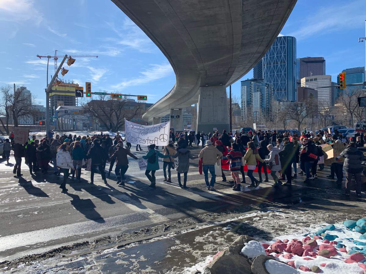 Protesters blocked the Reconciliation Bridge in Calgary on Monday as part of a rally in support of Wet’suwet’en hereditary chiefs.