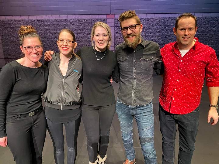Members of SOUND OFF and Rapid Fire Theatre pose for a photo in February 2020.