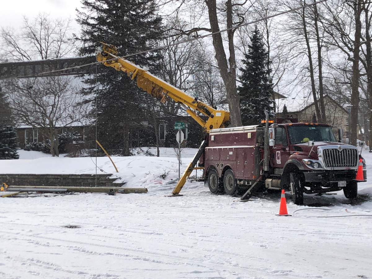 Downed hydro pole at Wellington St. and Frank Pl. in London.