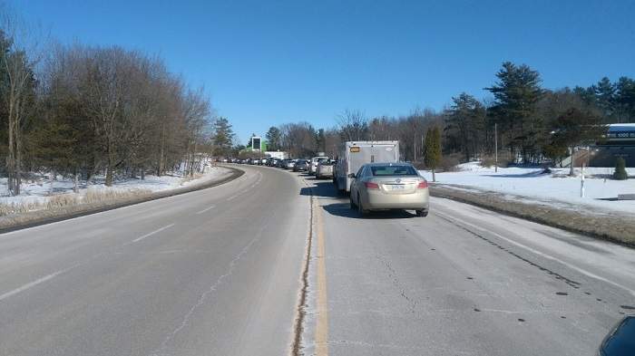 Cars backed up at the Thousand Islands Bridge due to a blockade on Monday.
