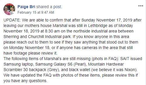 An update posted to a Facebook group for missing Calgary man Marshal Iwaasa.