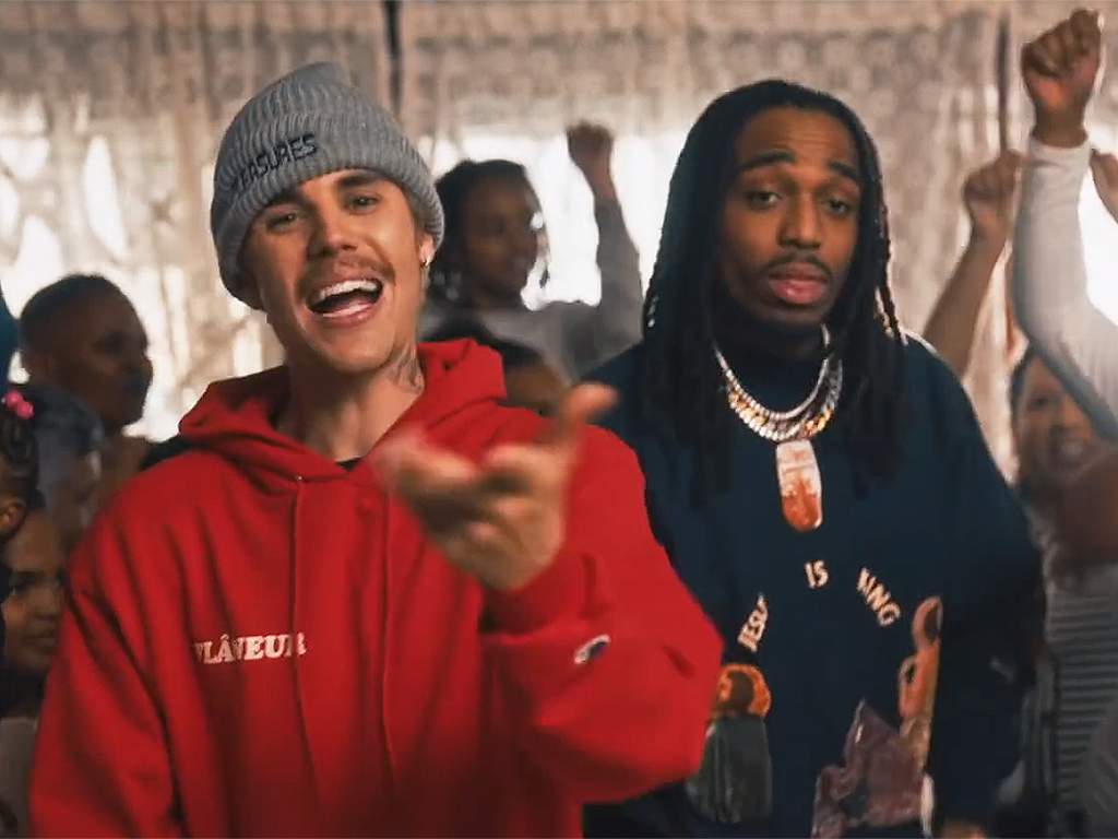 (L-R) Justin Bieber and Quavo of Migos in the 'Intentions' music video, which was released on Feb. 7, 2020.