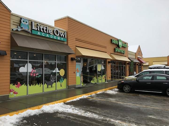 Another view of the incident involving the black Hyundai crashing into the front of a Kelowna daycare centre.