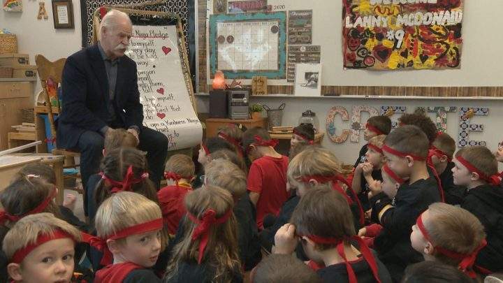 Former Calgary Flames captain Lanny McDonald visited kids at Airdrie's Windsong Heights School on Monday, Feb. 3, 2020.