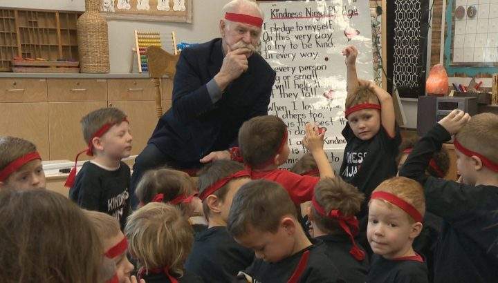 Former Calgary Flames captain Lanny McDonald stopped at Airdrie’s Windsong Heights School on Monday, Feb. 3, 2020, to become a kindness ninja.