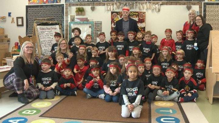 Former Calgary Flames captain Lanny McDonald visited kids at Airdrie’s Windsong Heights School on Monday, Feb. 3, 2020.