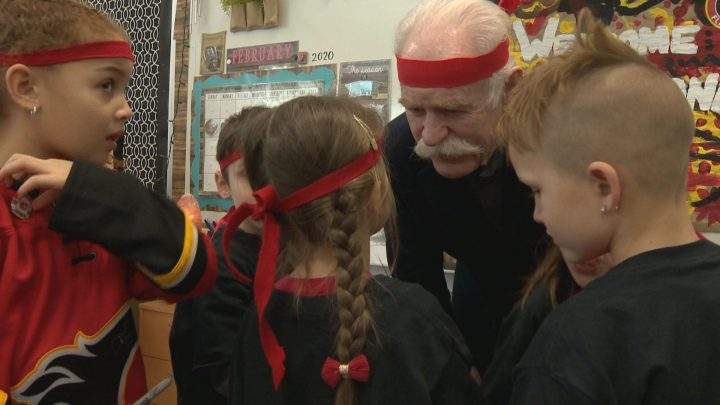 Former Calgary Flames captain Lanny McDonald stopped at Airdrie’s Windsong Heights School on Monday, Feb. 3, 2020, to become a kindness ninja.