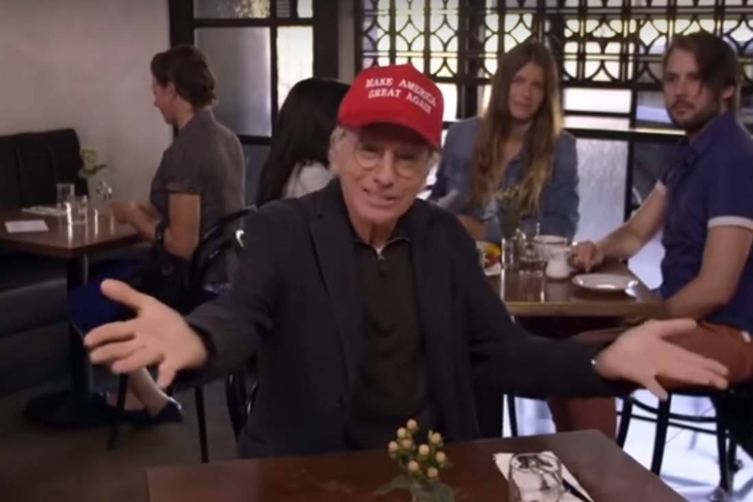 Larry David is shown wearing a Make America Great Again hat in this still image from his show, ‘Curb Your Enthusiasm.’