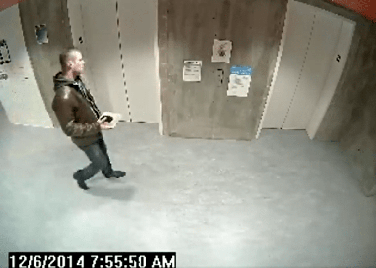 Surveillance video released by Nova Scotia Supreme Court shows Matthew Percy leaving the residence where he allegedly sexually assaulted a woman on Dec. 6, 2014. 