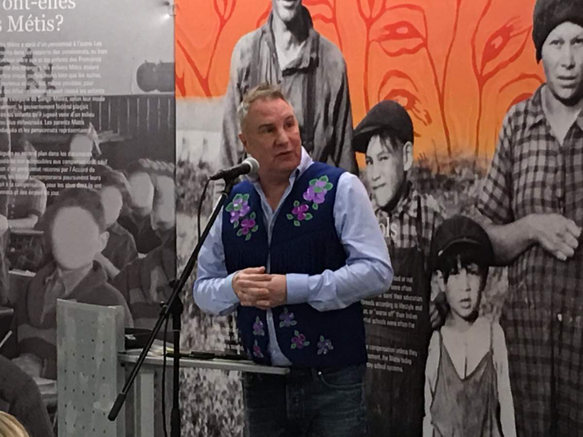 Curator Gregory Scofield speaks at the opening of The Forgotten: The Metis Residential School Experience exhibit on Friday, Jan. 31, 2020.
