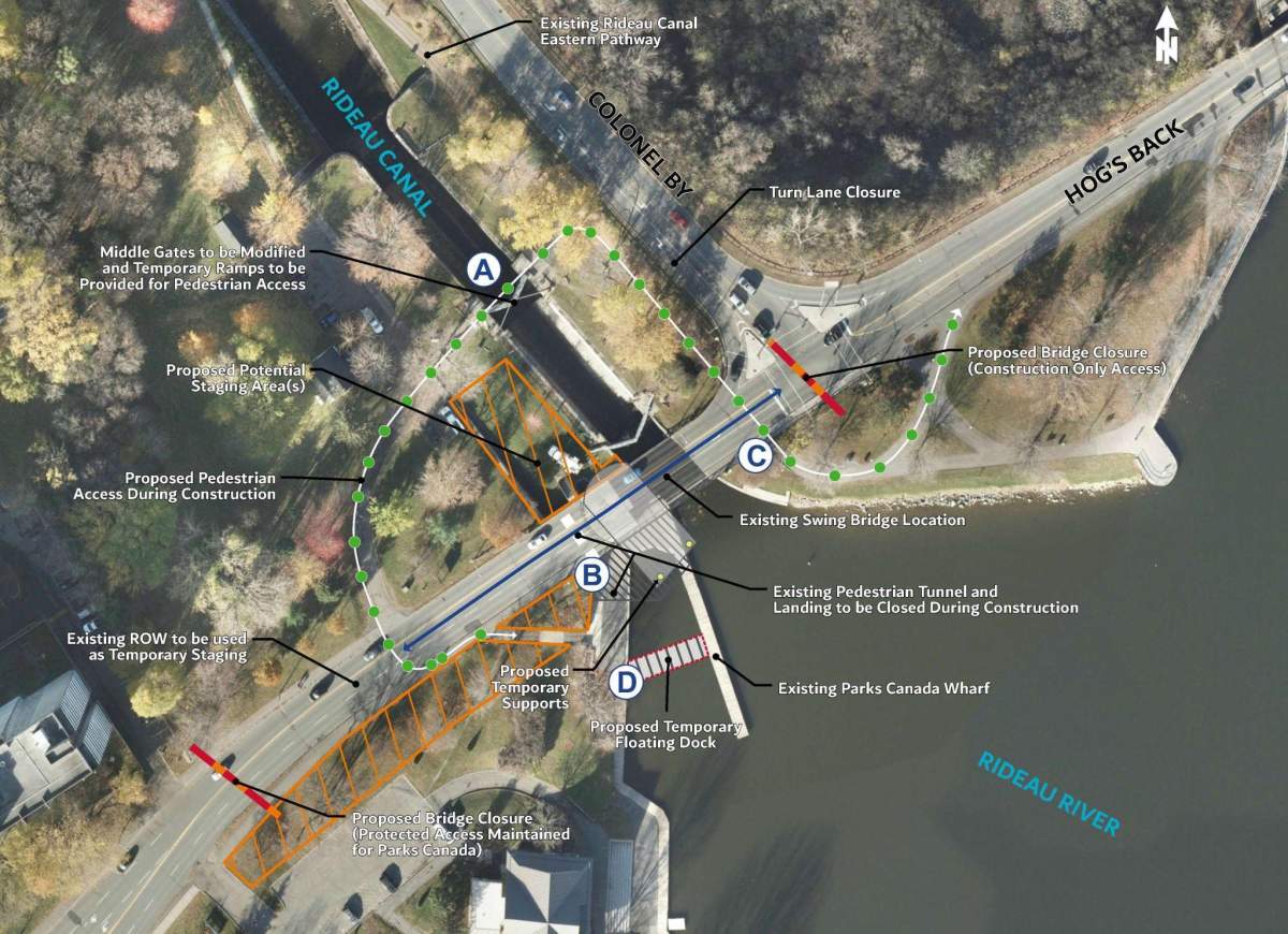 An image of the site plan for the Hog’s Back Swing Bridge rehabilitation work.