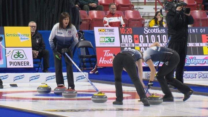 Nova Scotia skip Mary-Anne Arsenault calls line during Monday’s afternoon draw against Newfoundland.