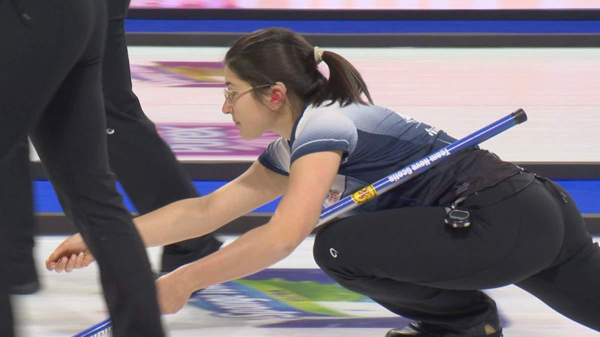 Emma Logan slides out of the hack during Monday’s afternoon draw at the Scotties Tournament of Hearts.