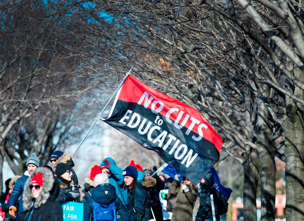 Approximately 20,000 teachers from the Peel District School Board hold a one day strike in Mississauga, Ont., on Friday, Feb. 21, 2020.