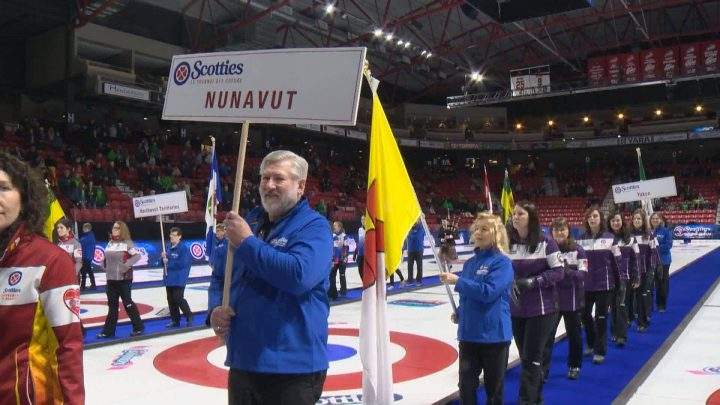 Team Nunavut enter Mosaic Place during the opening ceremony at the Scotties Tournament of Hearts.