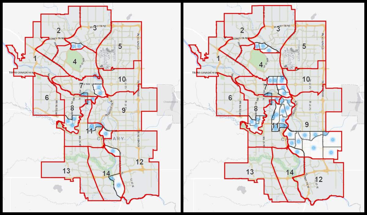 Option A (left) and Option B (right) for Calgary’s ward boundaries.