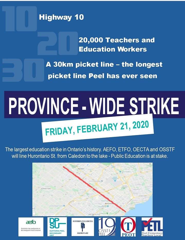A poster for the 30-kilometre picket line in Peel Region that stretches from Caledon, through Brampton and Mississauga down to the lake.