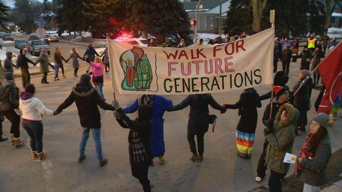 Protesters formed a round dance on Albert Memorial Bridge Saturday in support of Wet’suwet’en Nation .