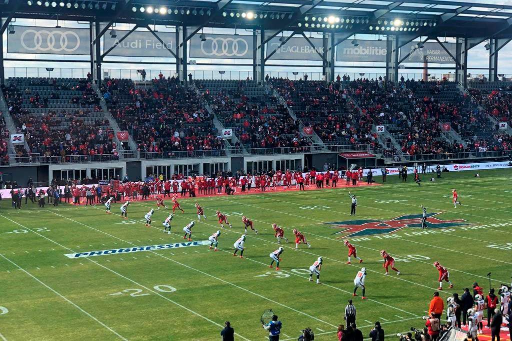 The D.C. Defenders, right, line up against the Seattle Dragons for the opening kickoff of the opening football game of the XFL season, Saturday, Feb. 8, 2020, in Washington, DC.