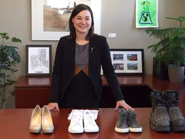 NDP finance critic Shannon Phillips, in her prebudget media conference Wednesday, Feb. 26, 2020, trotted out footwear: a nurse’s sneakers, a teacher’s high heels, a child’s runners and the work boots of a laid-off oilfield services worker.